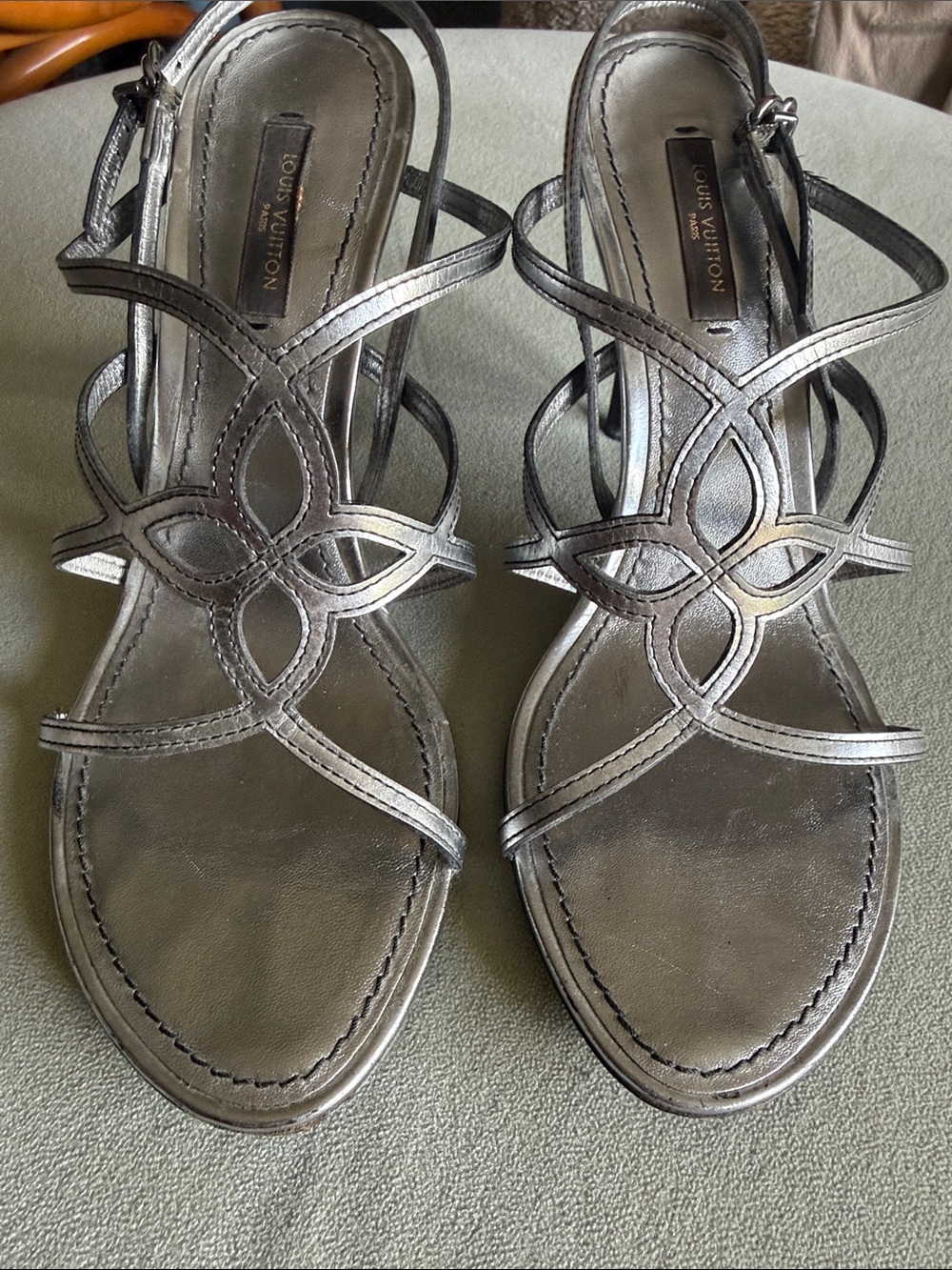 Louis Vuitton Silver Leather Ankle Strap Sandals